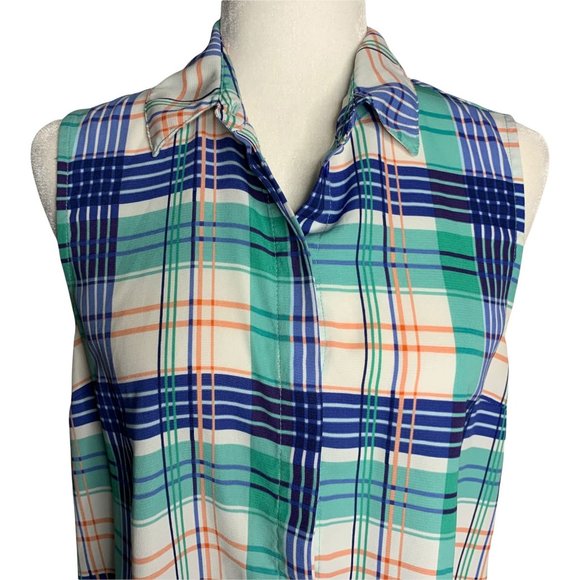 Forever 21 Sleeveless Button Up Shirt S White Blue Plaid Collar - Picture 2 of 6
